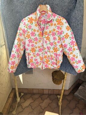 Floral Zip-Up Puffer Jacket in White with Pink & Orange Flowers